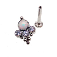 Body Clickers implant titanium beaded opal and CZ cluster labret body jewelry, 14g, lavender, 6mm, internally threaded 0.9mm thread