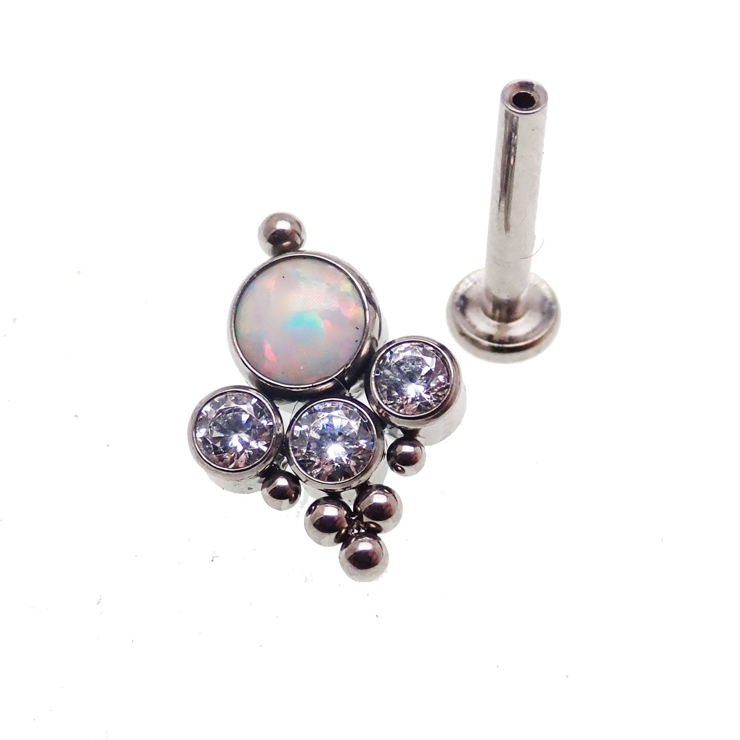 Body Clickers implant titanium beaded opal and CZ cluster labret body jewelry, 14g, lavender, 6mm, internally threaded 0.9mm thread