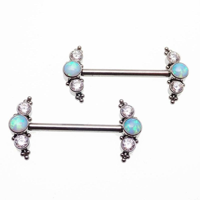 Beaded CZ Forest White Opal body jewelry, 14g push fit nipple cluster by Body Clickers on a white background.