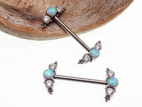 Beaded CZ Forest White Opal nipple jewelry in 14g push fit body jewelry by Body Clickers, featuring beaded design and sparkling stones.