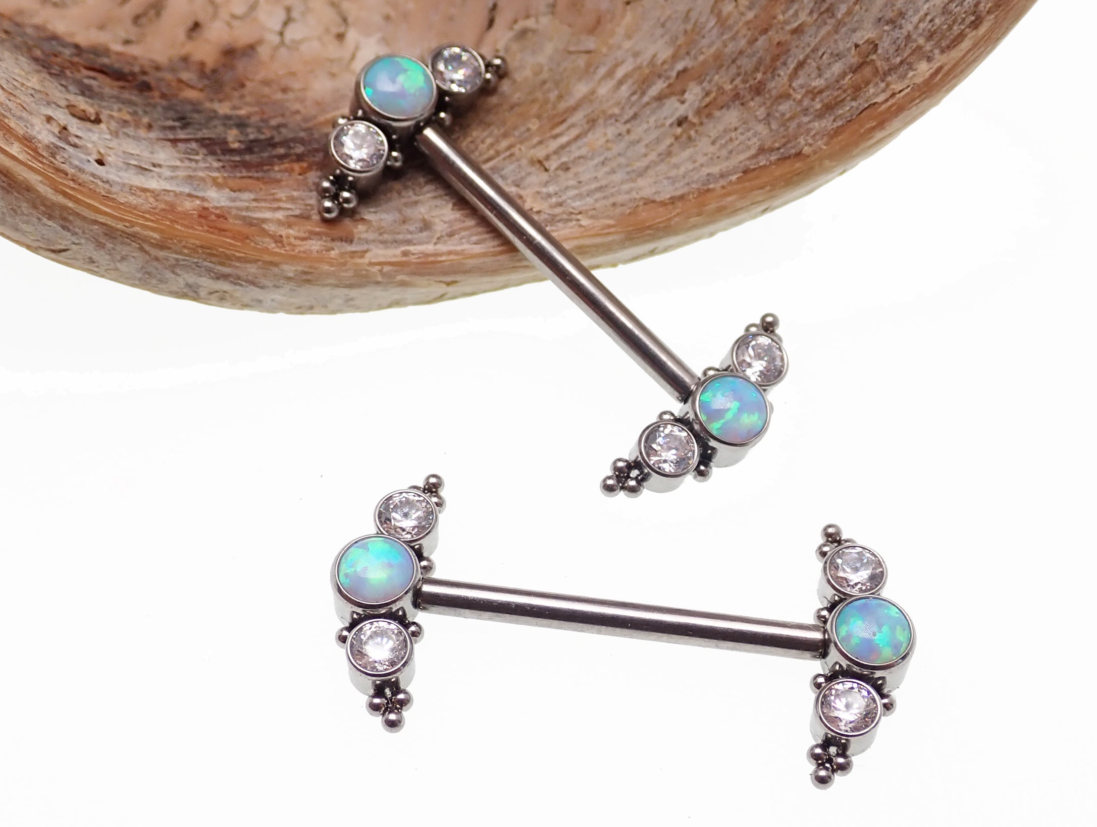 Beaded CZ Forest White Opal nipple jewelry in 14g push fit body jewelry by Body Clickers, featuring beaded design and sparkling stones.