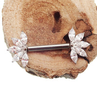 Clear CZ flower titanium nipple barbell in 16g and 14g with a flower design, body jewelry by Body Clickers.