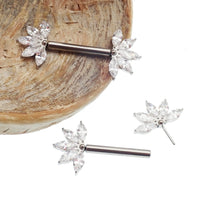Clear CZ flower titanium nipple barbell in 16g and 14g with a floral design, body jewelry by Body Clickers.