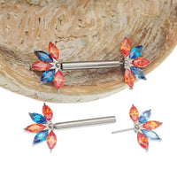 Orange and blue CZ flower titanium nipple bar jewelry by Body Clickers in 12g, 14g, and 16g gauges.