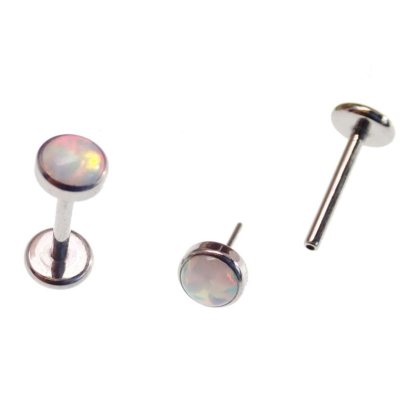 White Opal push fit flatback body jewelry in 16g, featuring a smooth flatback design from Body Clickers.