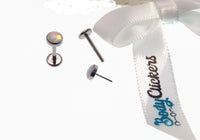 White Opal push fit flatback body jewelry in 16G with 6mm and 4mm sizes, by Body Clickers Body Jewelry.