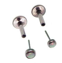 White Opal push fit flatback body jewelry in 16g with 6mm and 4mm sizes, featuring a sleek, smooth design from Body Clickers.