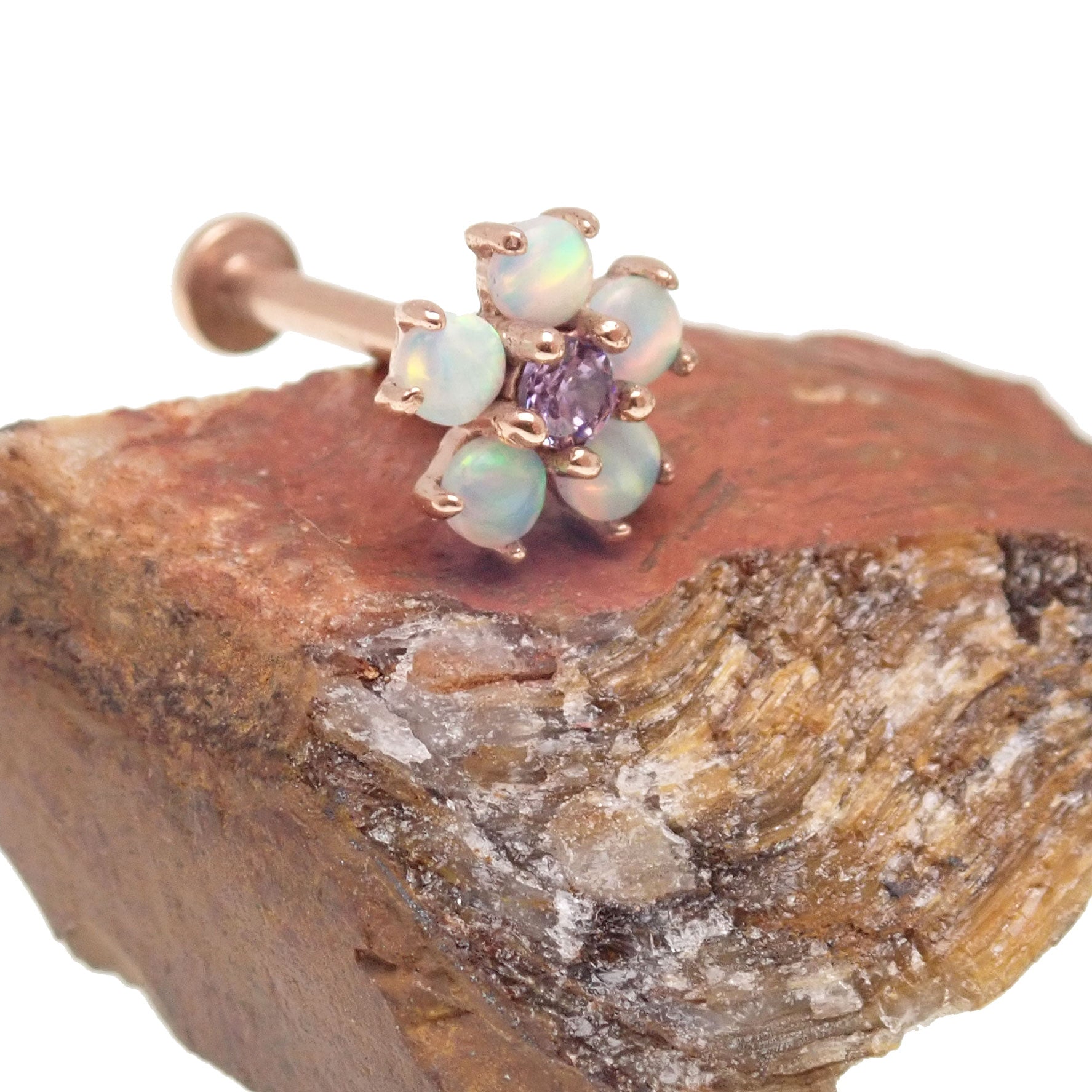 Lavender flower opal 14k gold body jewelry by Body Clickers, 16g push-fit body piercing with cubic zirconia accents.