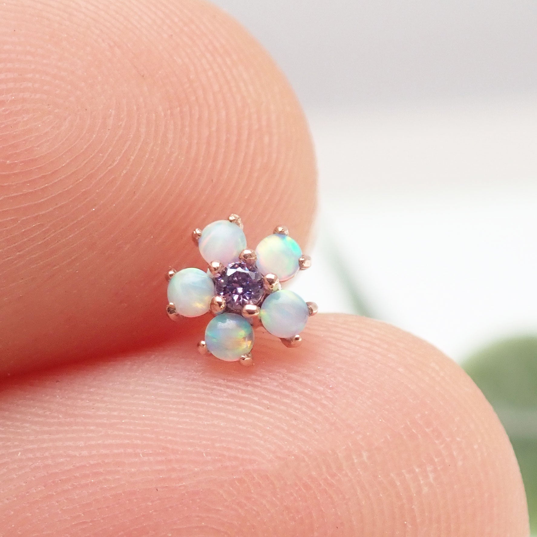 Lavender flower opal 14k gold body jewelry by Body Clickers, 16g push fit with cubic zirconia accents.
