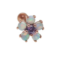 Opal lavender flower body jewelry by Body Clickers, 14k gold with cubic zirconia, push fit design, 16g, 6mm size.
