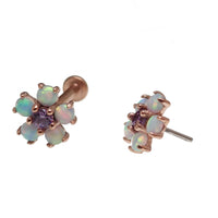Lavender opal flower body jewelry by Body Clickers, 14k gold with CZ push-fit design, 16g, 6mm diameter.