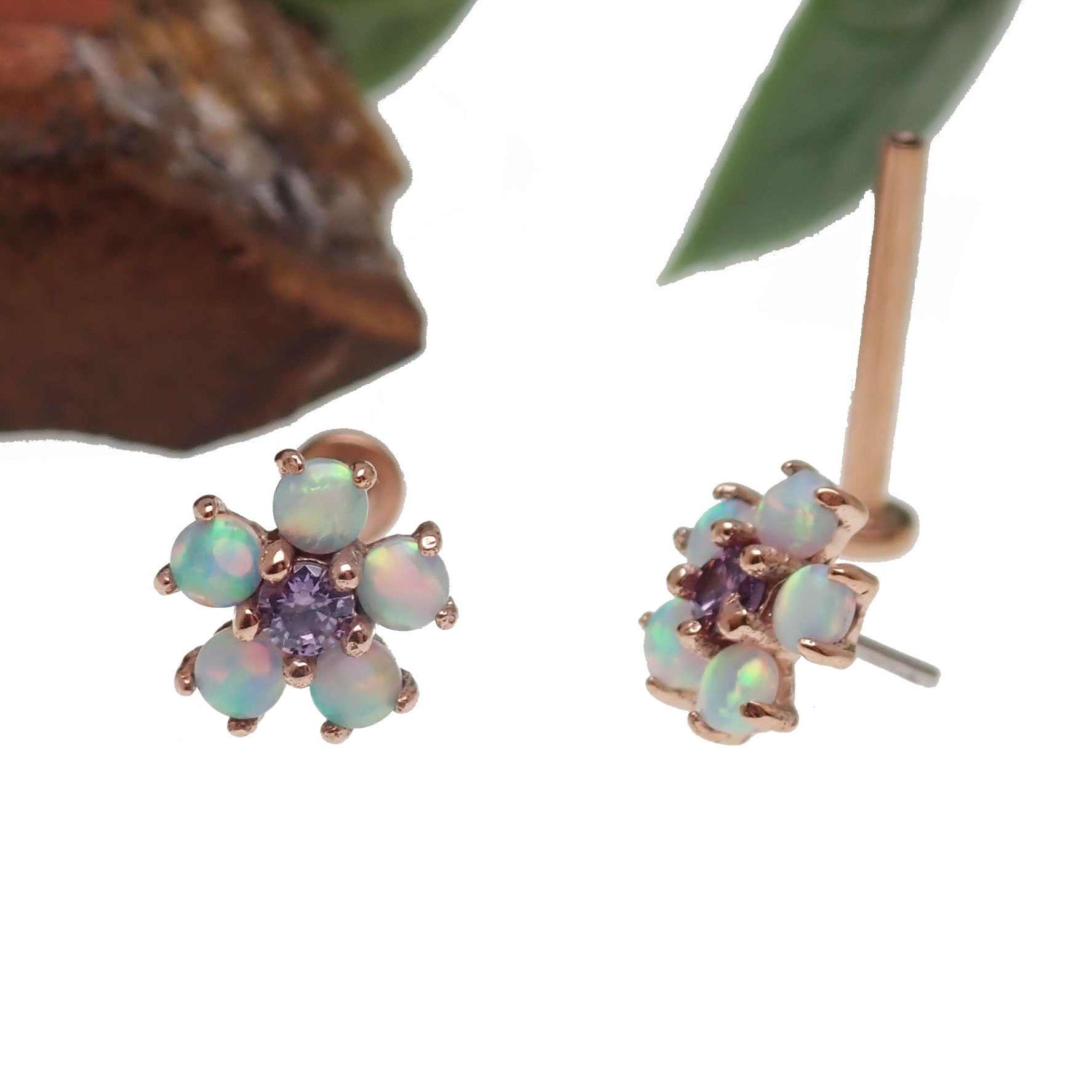 Lavender opal flower body jewelry by Body Clickers, 14k gold with cubic zirconia, 16g push-fit body piercing ring