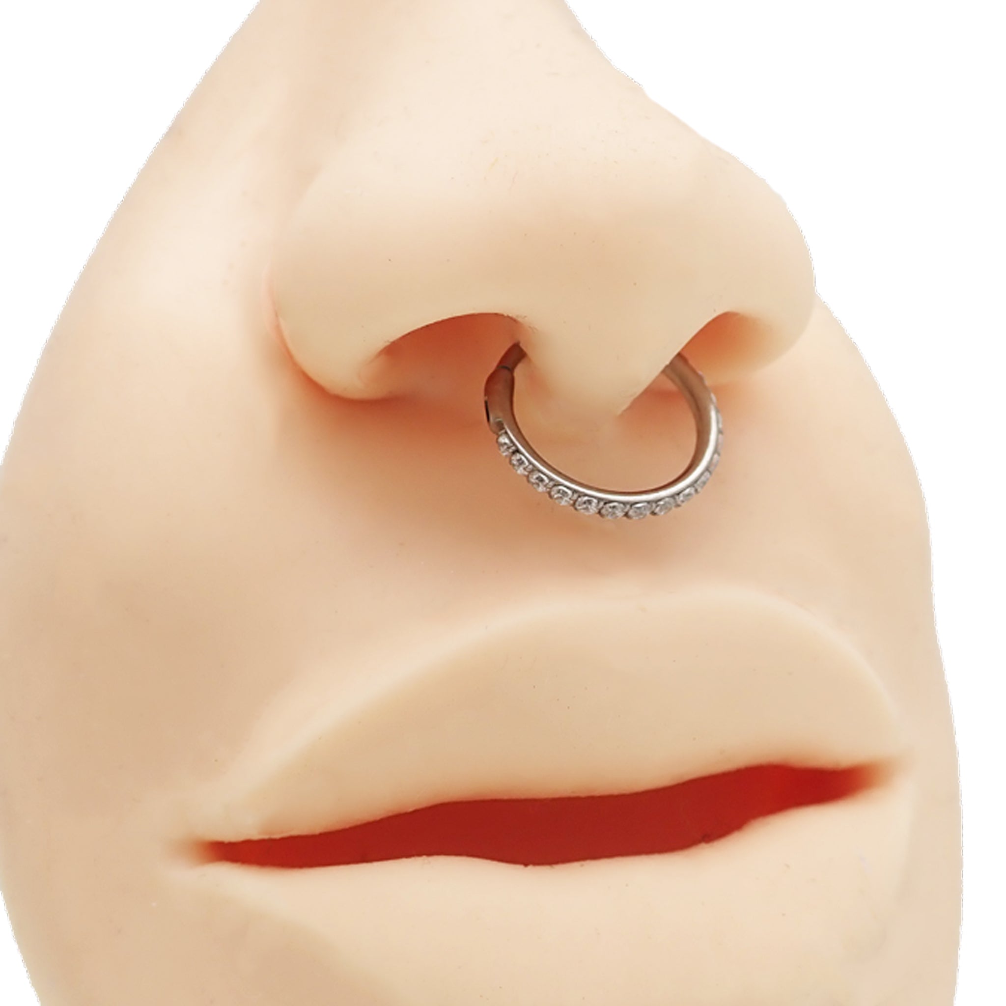 Titanium CZ clicker hoop body jewelry in 16g, 18g, 20g sizes with 6mm diameter, featuring sparkling cubic zirconia stones.