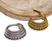 Body Clickers 3-tier stacked beaded body jewelry in 16g and 14g with gold-tone beads and curved design for piercings.