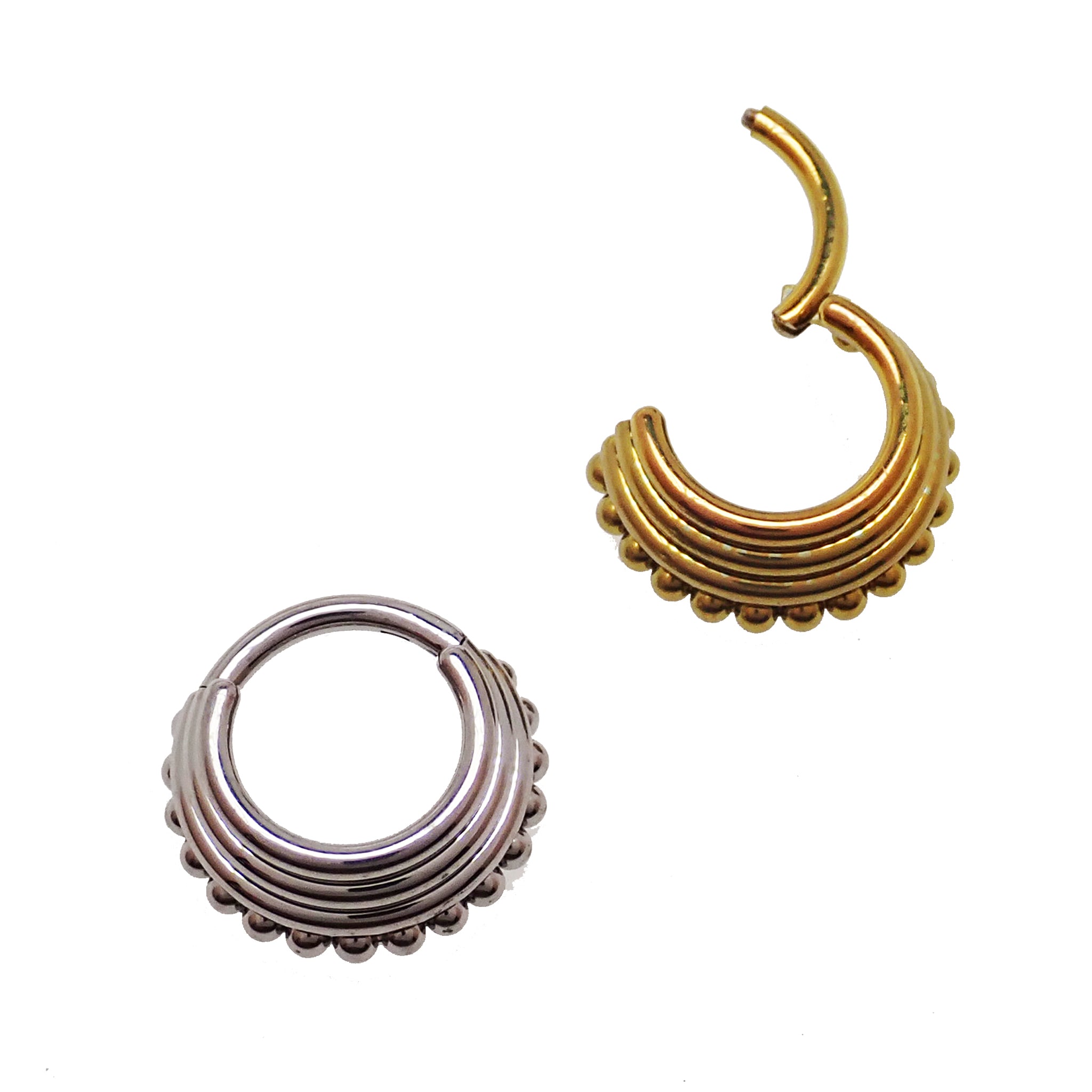 3-tier stacked beaded clicker body jewelry in 16g and 14g from Body Clickers, featuring multiple rows of beads and a hinged closure.