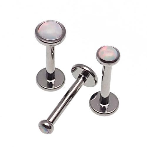 Implant titanium white opal flatback body jewelry with 0.9mm internal threading, 6mm length, suitable for piercing.