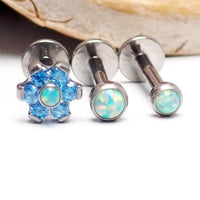 Aqua and Moon Yellow Opal triple helix body jewelry set with 18g, 16g, and 14g sizes from Body Clickers.