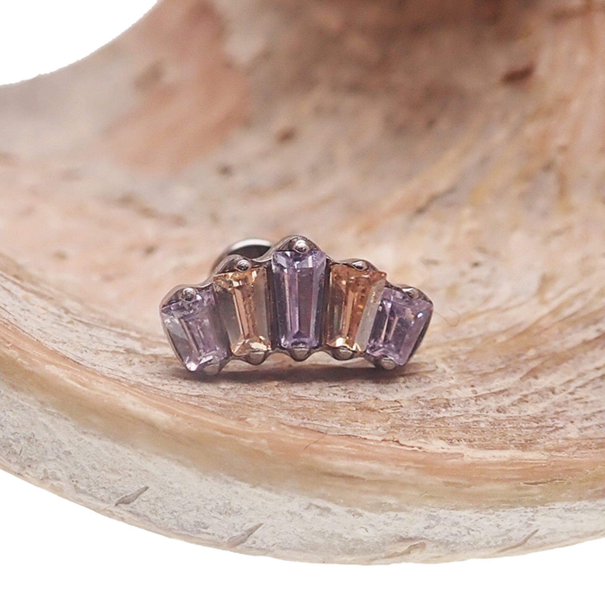 Champagne and lavender Marquise CZ titanium flatback piercing in 14g, 16g, and 18g body jewelry by Body Clickers.