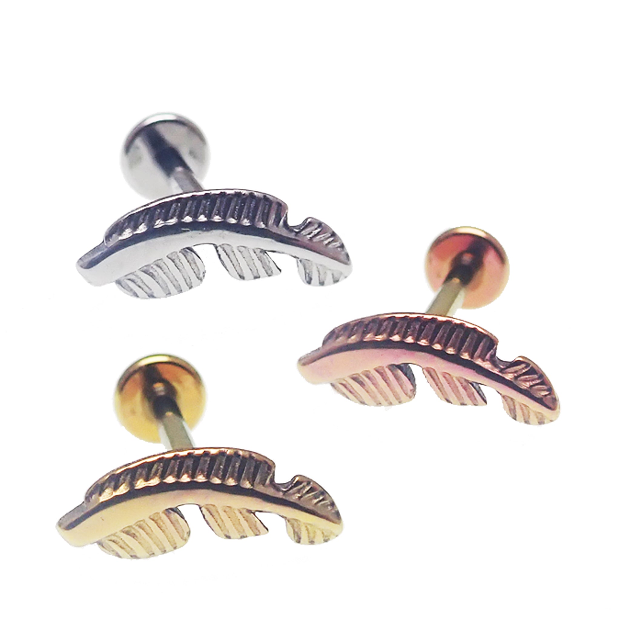 Feather Titanium Flatback Labret Body Jewelry in 14g, 16g, 18g with 6mm flatback, by Body Clickers, on white background.