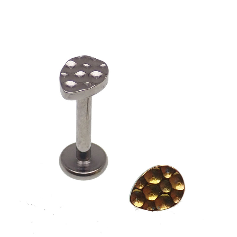 Hammered titanium tear drop flatback body jewelry in 18g size, featuring a curved teardrop shape with a smooth, flat back for comfortable wear.