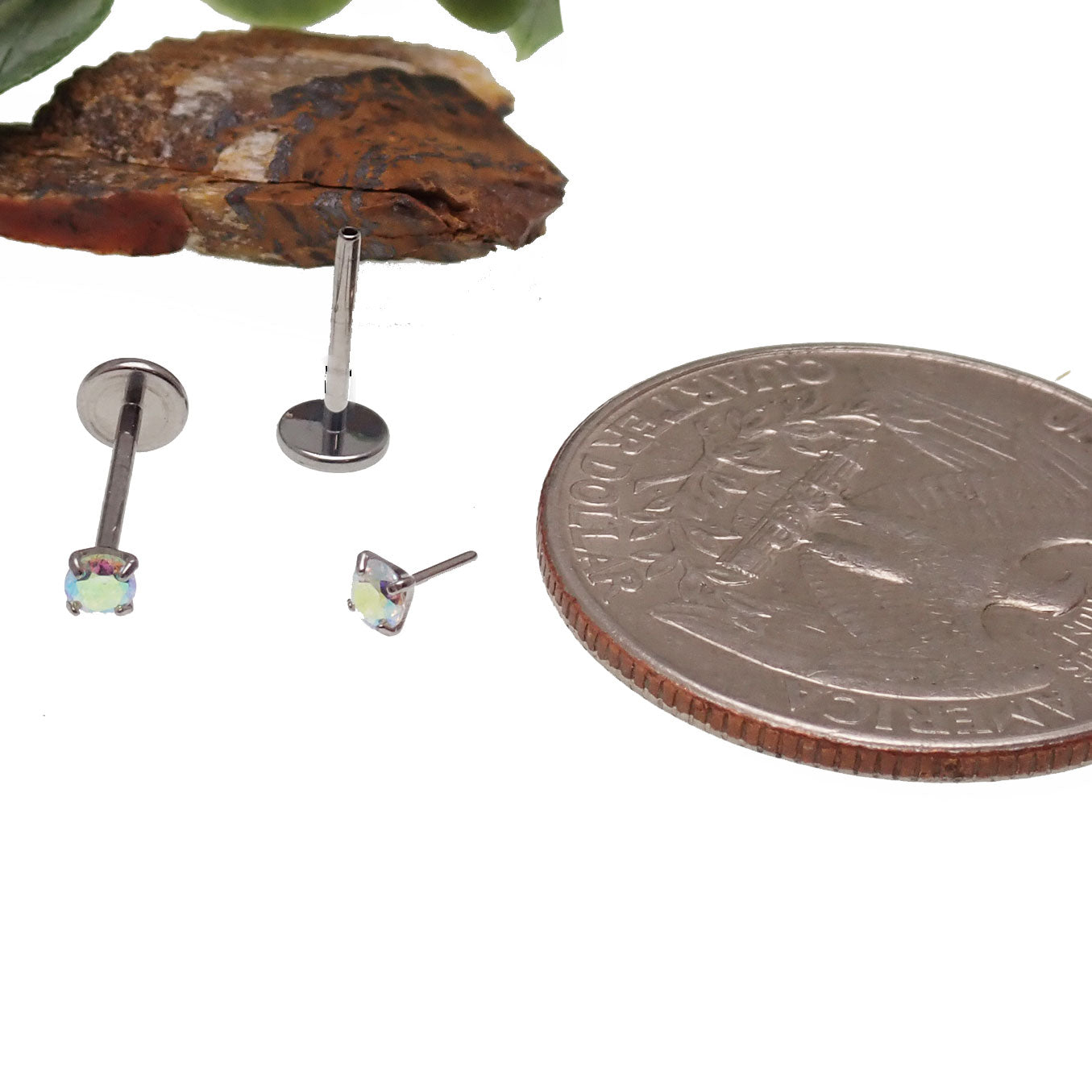 Rainbow AB Push Fit titanium body jewelry in 16g and 18g with flatback design, from Body Clickers.