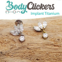Small flower dangle titanium body jewelry with flatback, available in 14g, 16g, and 18g gauges, by Body Clickers.