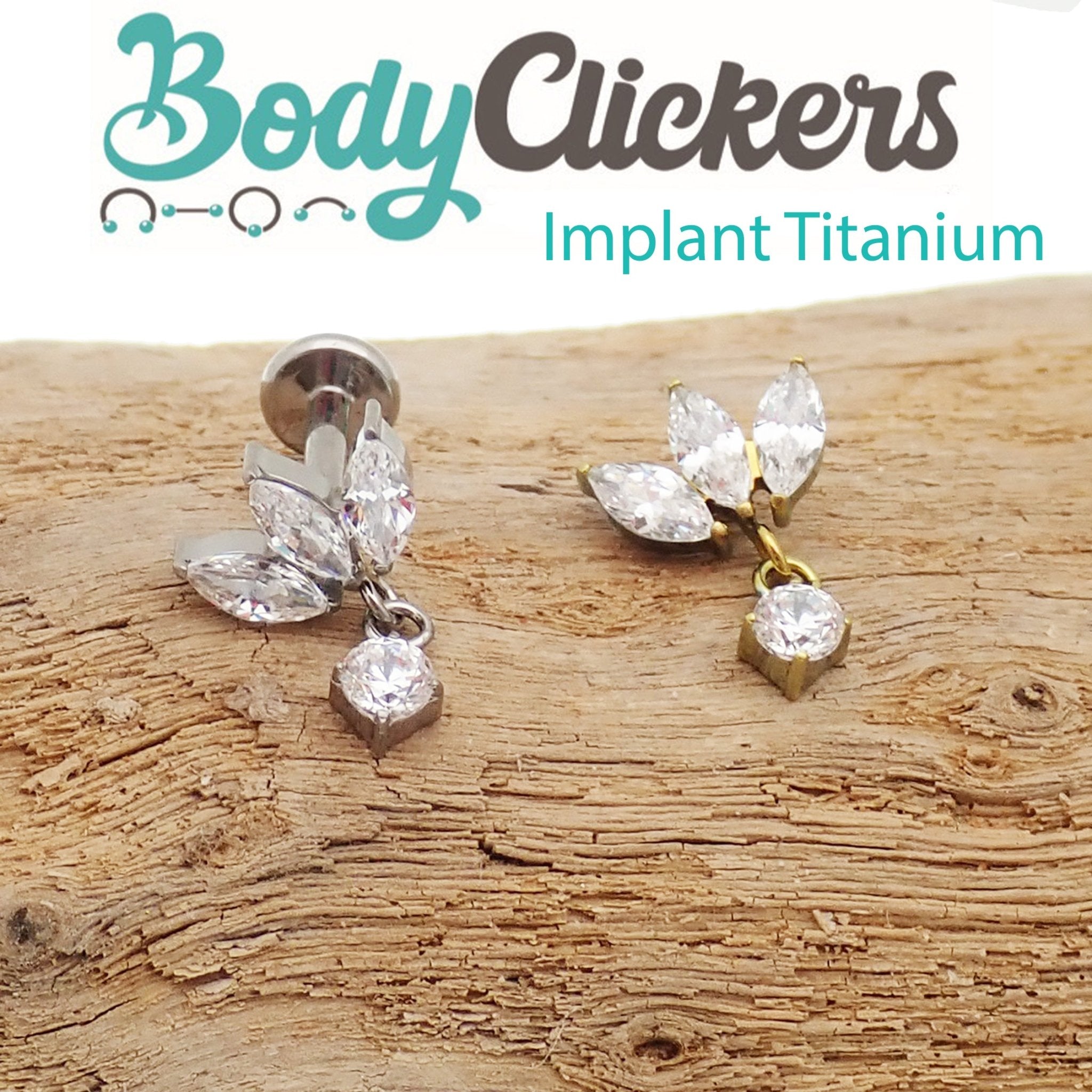 Small flower dangle titanium body jewelry with flatback, available in 14g, 16g, and 18g gauges, by Body Clickers.