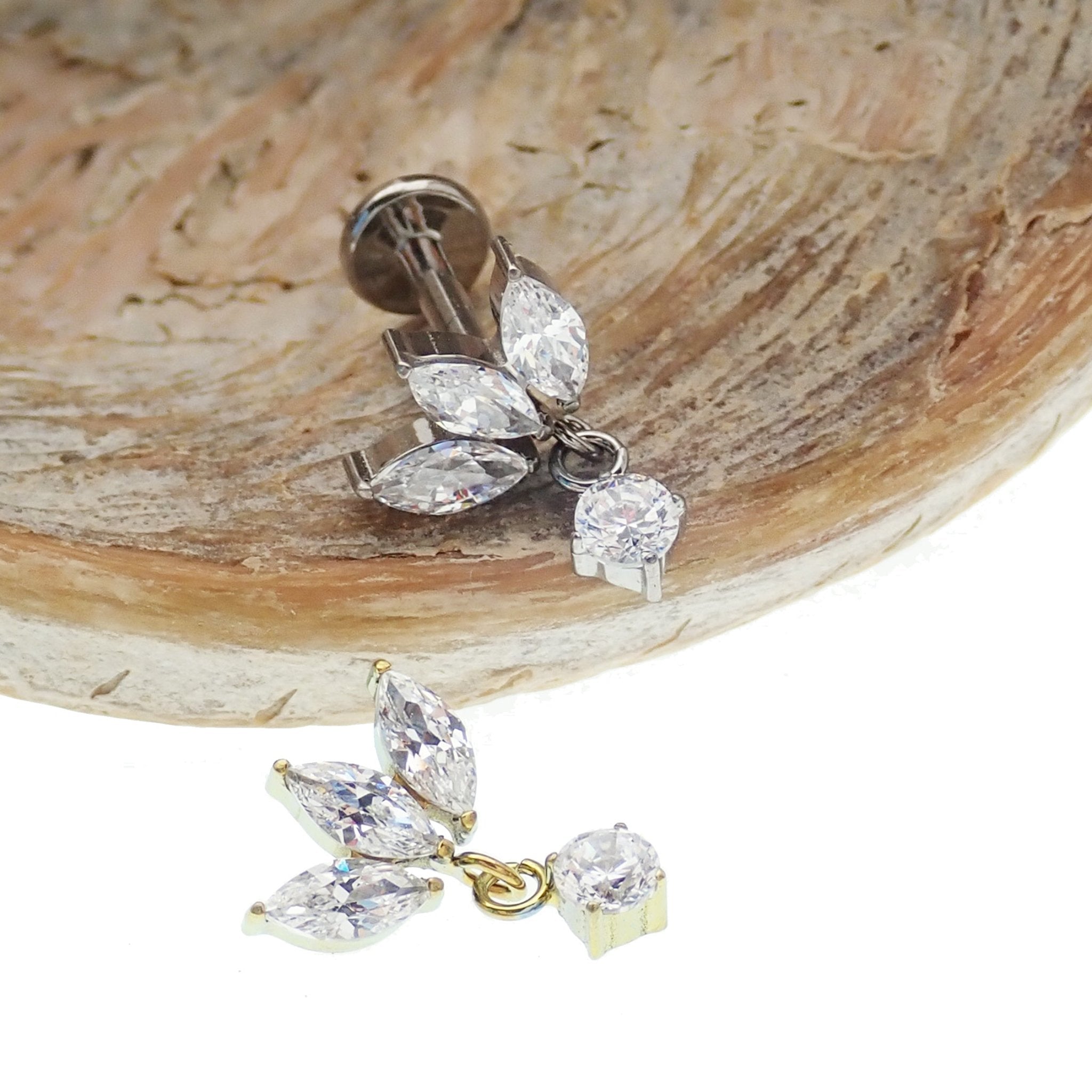 Small flower dangle titanium flatback body jewelry by Body Clickers in 14g, 16g, and 18g gauges with 6mm size.