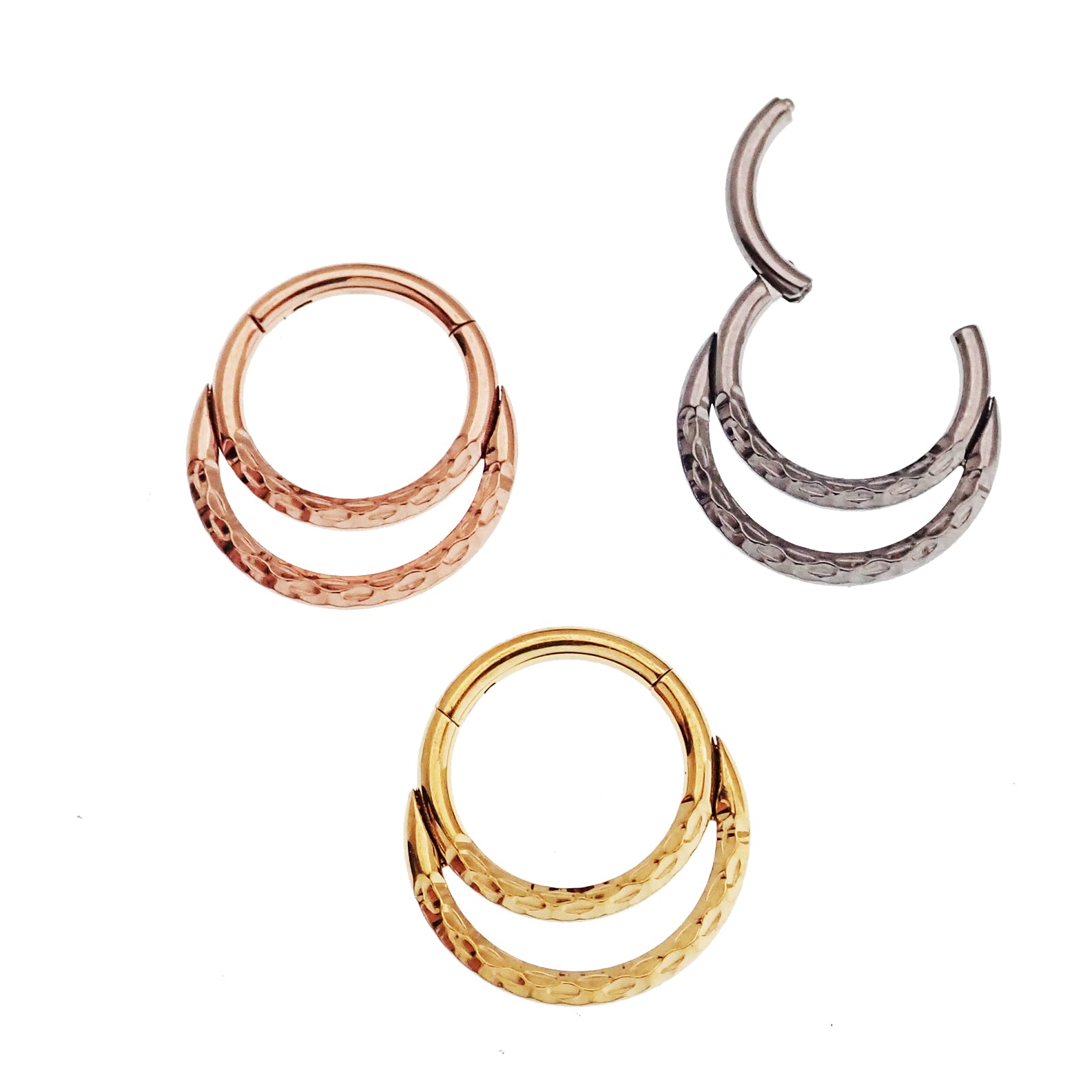 Gold PVD Crescent Titanium Clicker body jewelry in 18g and 16g with an 8mm crescent shape, featuring a sleek and modern design.