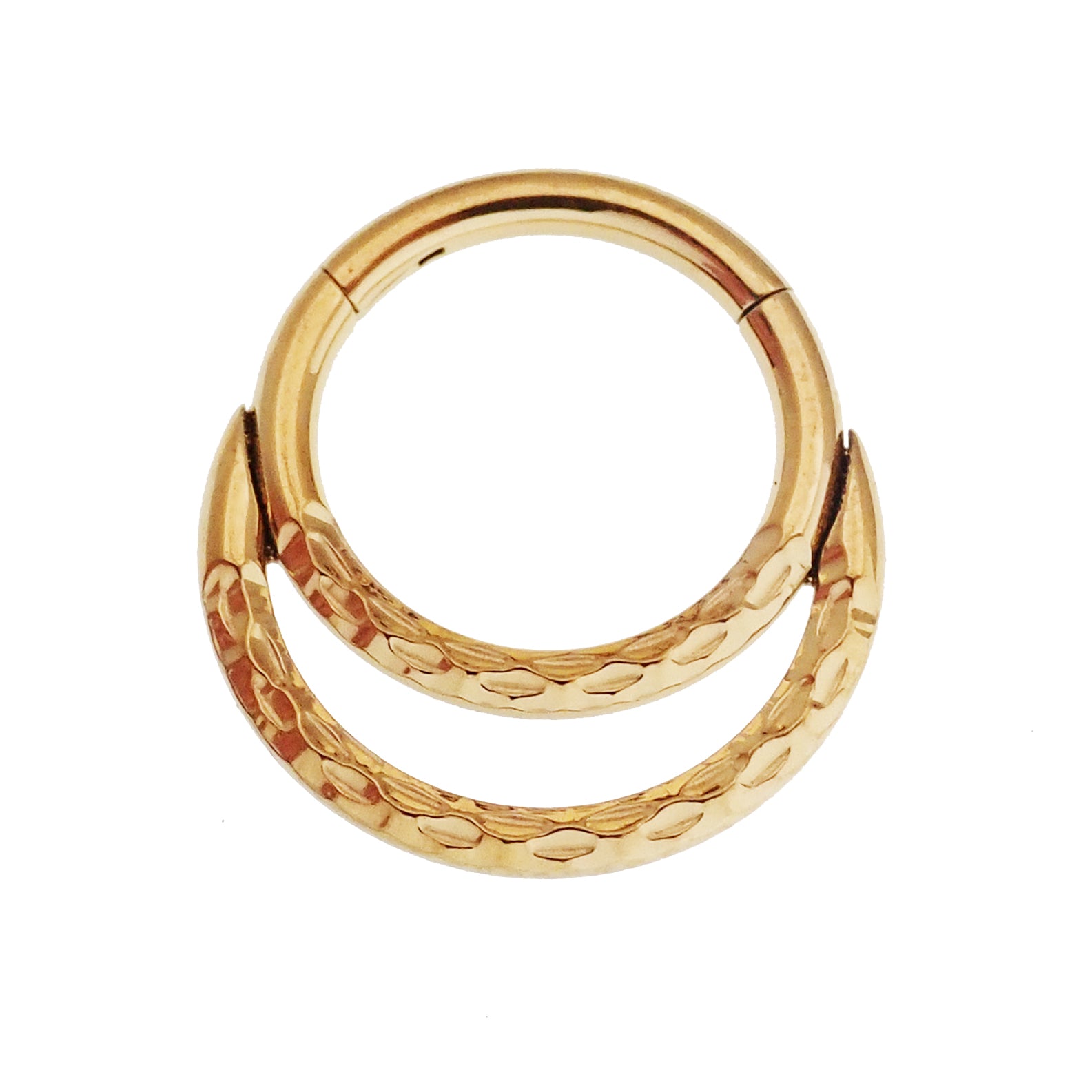 Gold PVD Crescent Titanium Clicker body jewelry in 18g and 16g with 8mm diameter, featuring a sleek curved design.