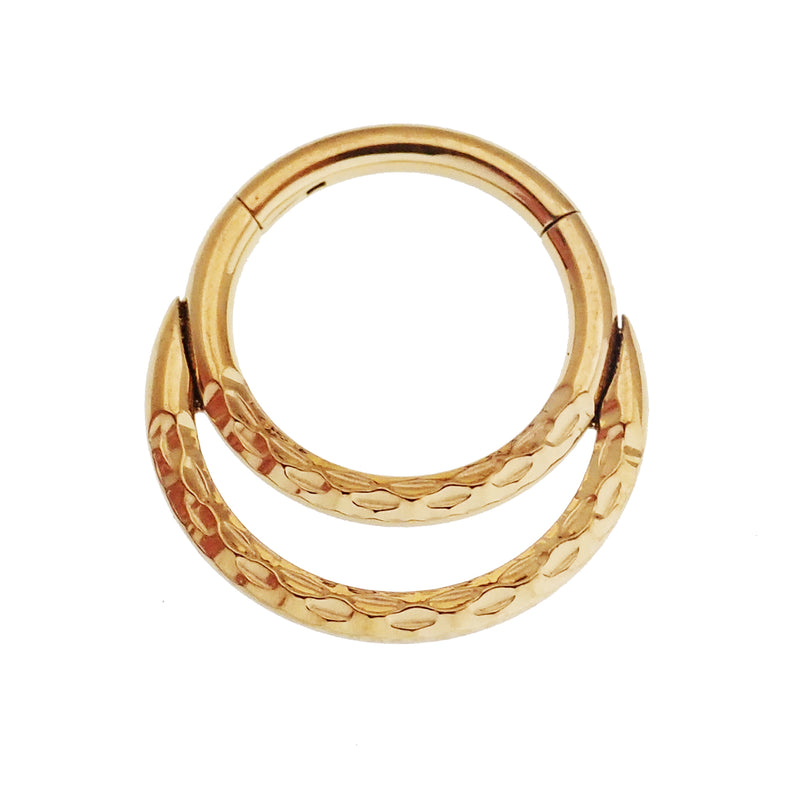 Gold PVD Crescent Titanium Clicker body jewelry in 18g and 16g with 8mm diameter, featuring a sleek curved design.