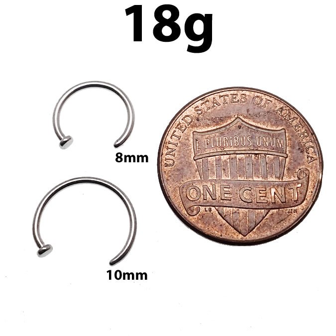 Titanium nose hoop jewelry by Body Clickers, 8mm and 10mm sizes, 18g and 20g body piercing nose hoop shown.