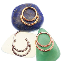 Rose gold PVD crescent titanium clicker body jewelry in 18g and 16g with an 8mm diameter, designed for body piercing.