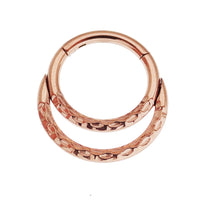 Rose gold PVD crescent titanium clicker body jewelry in 18g and 16g gauges, featuring a sleek crescent design.