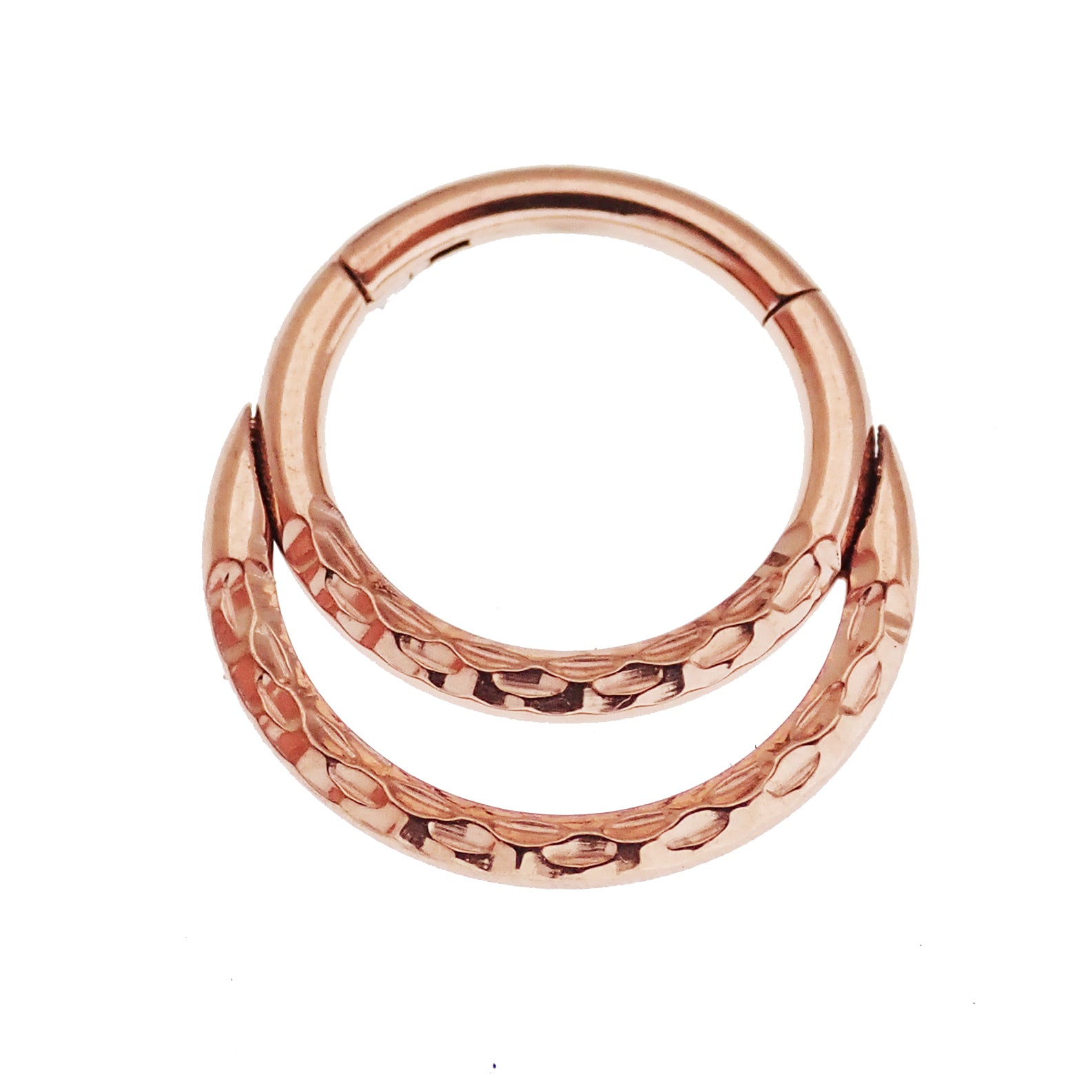 Rose gold PVD crescent titanium clicker body jewelry in 18g and 16g gauges, featuring a sleek crescent design.
