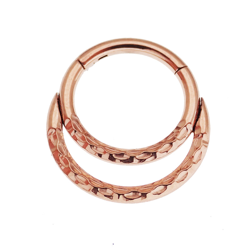 Rose gold PVD crescent titanium clicker body jewelry in 18g and 16g gauges, featuring a sleek crescent design.