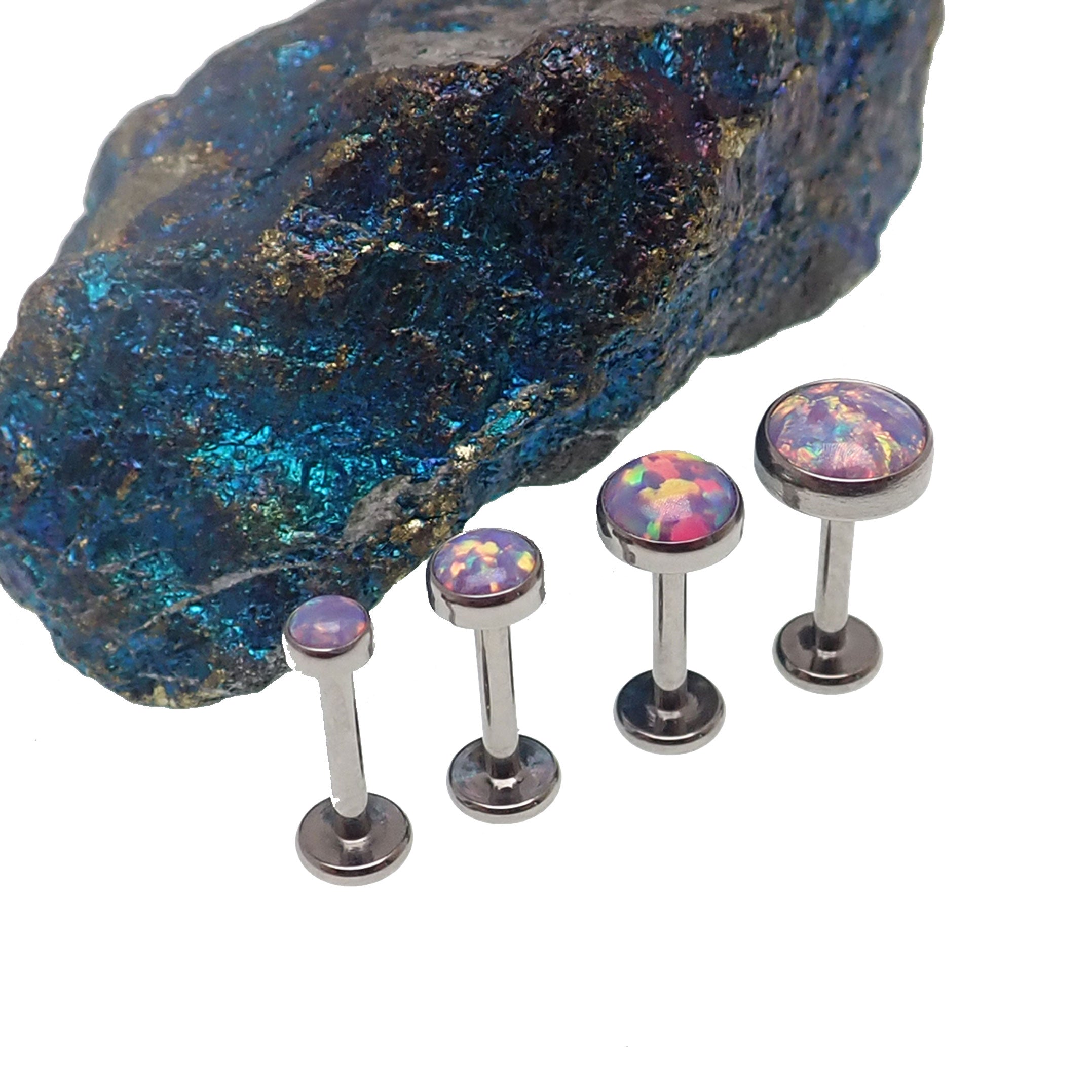 Body Clickers body jewelry with multi lavender opal titanium flatback, 14g, 6mm, internally threaded 0.9mm thread.
