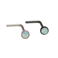 Set of 2 white opal nose L-curves body jewelry by Body Clickers, 20g, with silver-tone finish and opal accents.