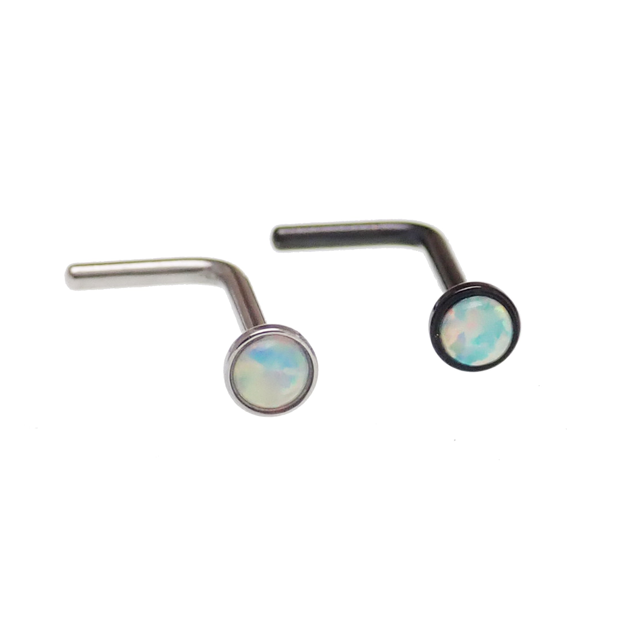 Set of 2 white opal nose L-curves body jewelry by Body Clickers, 20g, with silver-tone finish and opal accents.