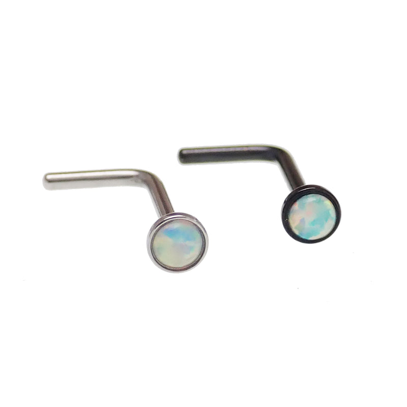Set of 2 white opal nose L-curves body jewelry by Body Clickers, 20g, with silver-tone finish and opal accents.