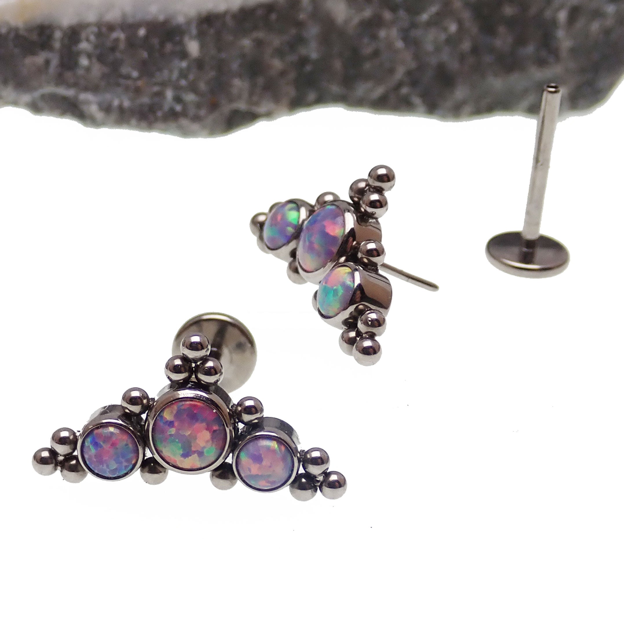 Multi lavender fire opal cluster body jewelry by Body Clickers, 20g push fit body jewelry with 6mm opal stones.