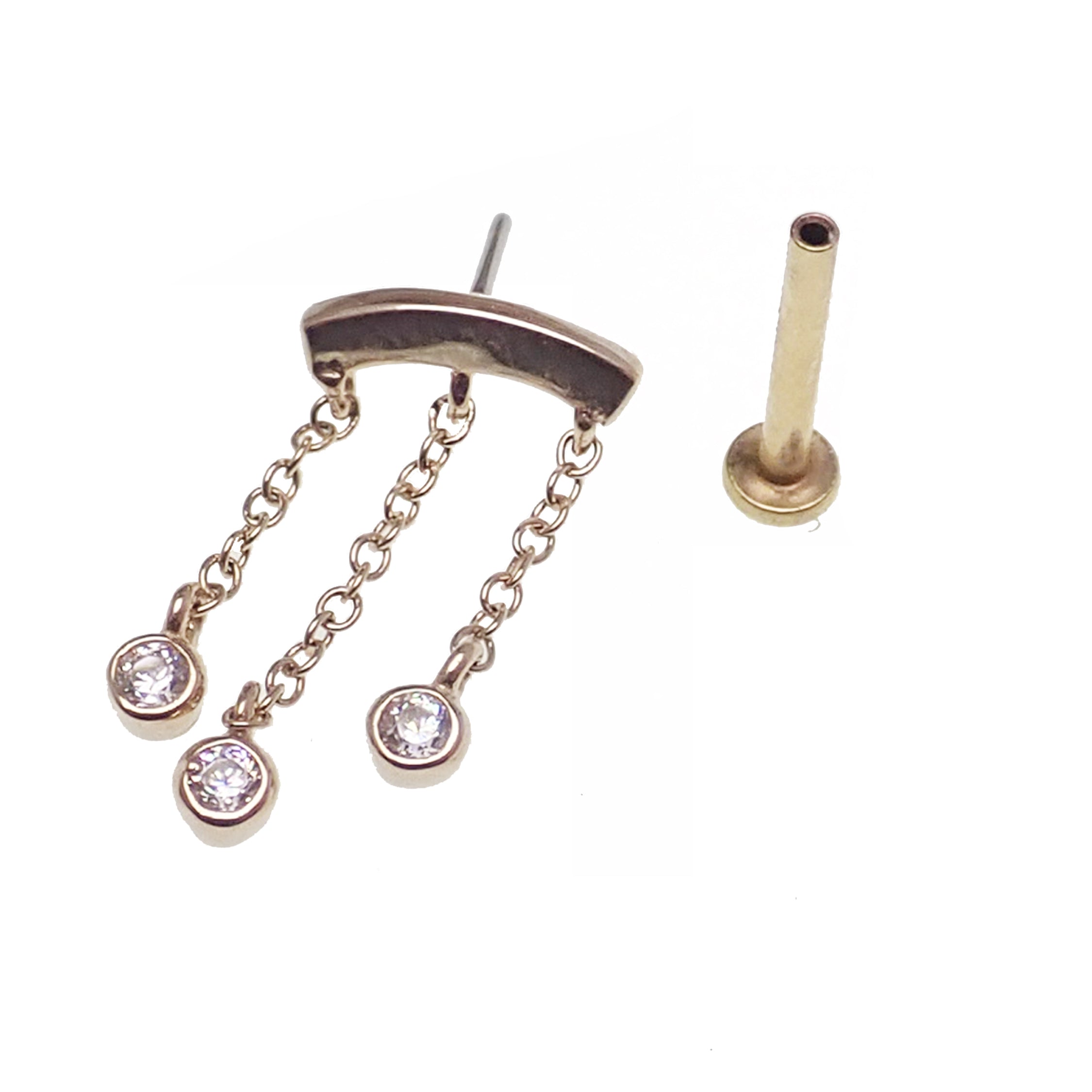 14k gold dangle body jewelry by Body Clickers, push fit earrings in 20g, 18g, 16g, 14g with flatback design