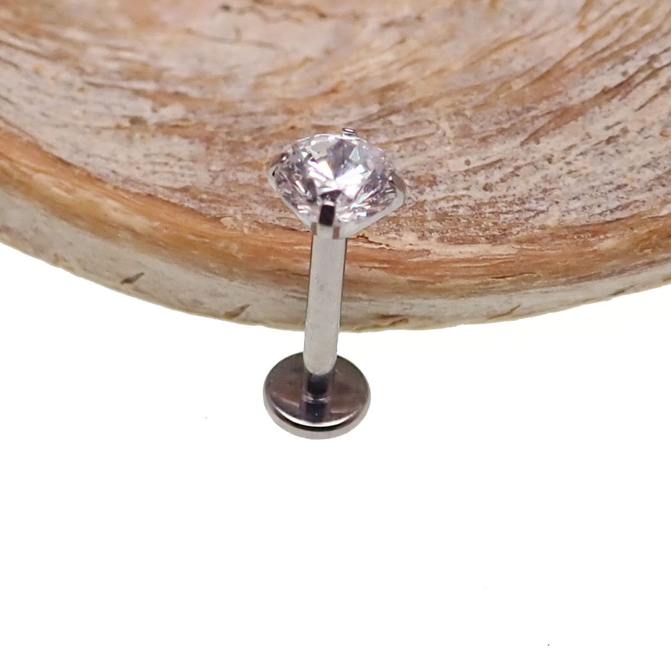 Push Fit Crystal flat back labret body jewelry by Body Clickers in 3, 4, or 5mm with clear crystals and 20g gauge.