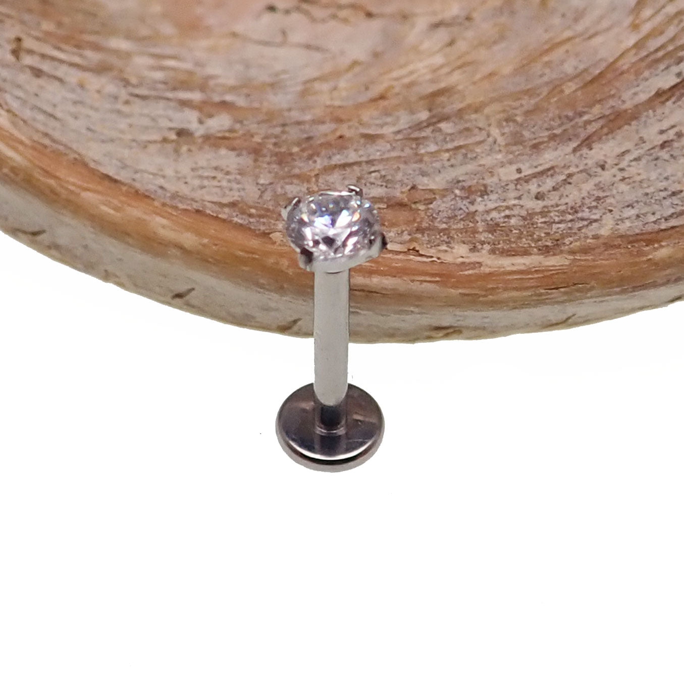 Push Fit Crystal flat back labret body jewelry by Body Clickers, 3mm, 4mm, or 5mm size with clear crystal and flat back design.