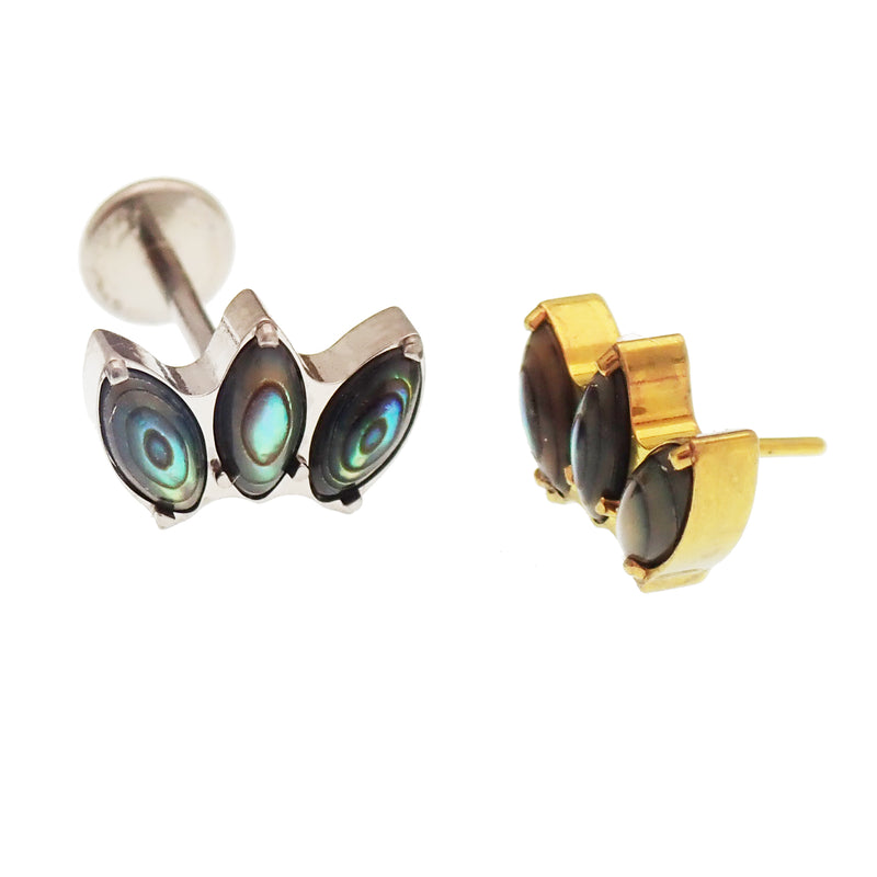 Alabone Shell Lotus titanium push fit body jewelry in 14g to 20g sizes, featuring a flatback design and threadless piercing style.