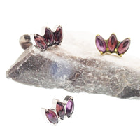 Amethyst lotus push-fit flatback titanium body jewelry in 14g to 20g, featuring a floral design for helix piercings.