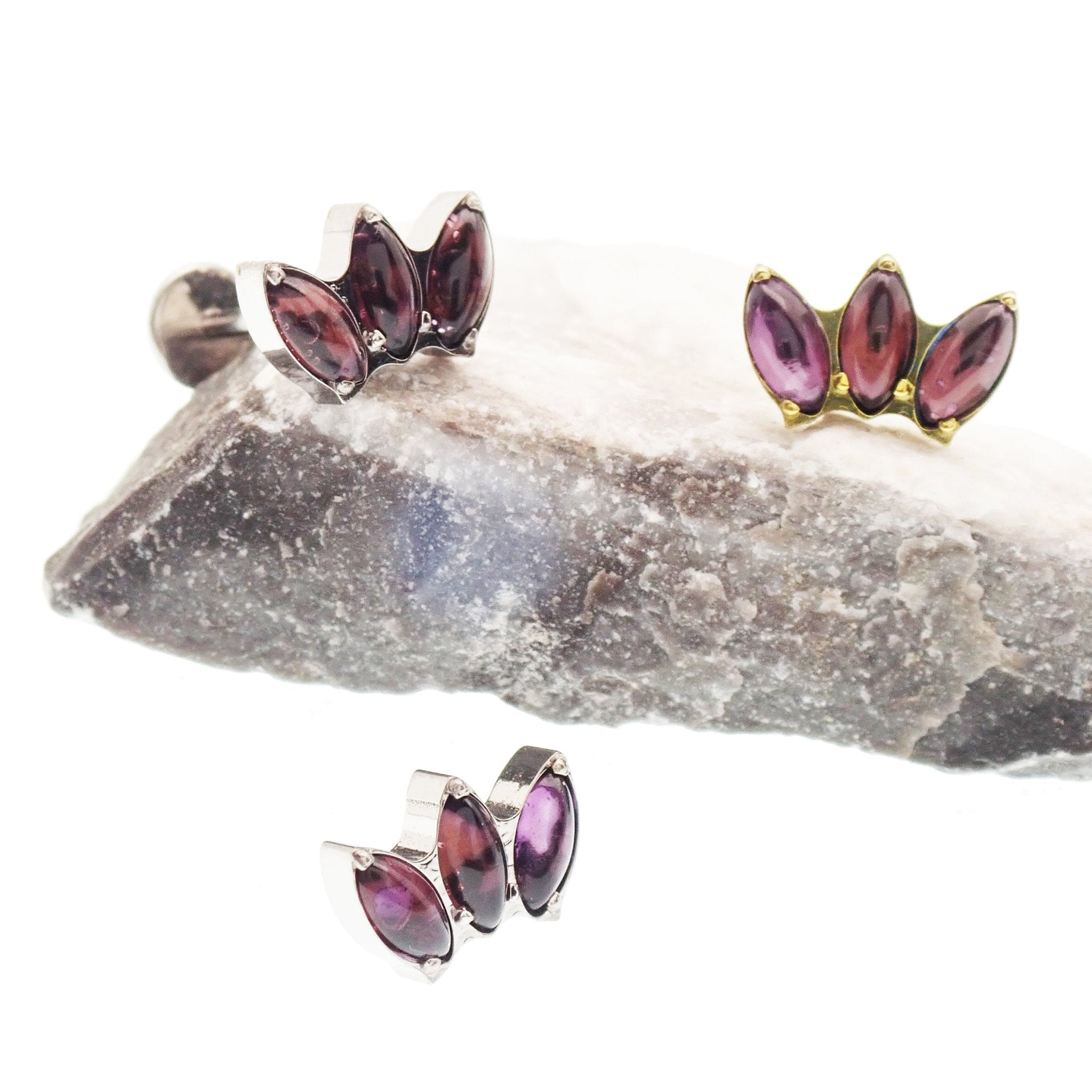 Amethyst lotus push-fit flatback titanium body jewelry in 14g to 20g, featuring a floral design for helix piercings.