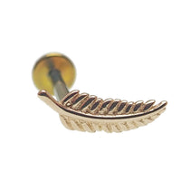 Feather 14k gold and titanium flatback body jewelry in 20g, 18g, 16g, or 14g sizes, featuring a sleek feather design.
