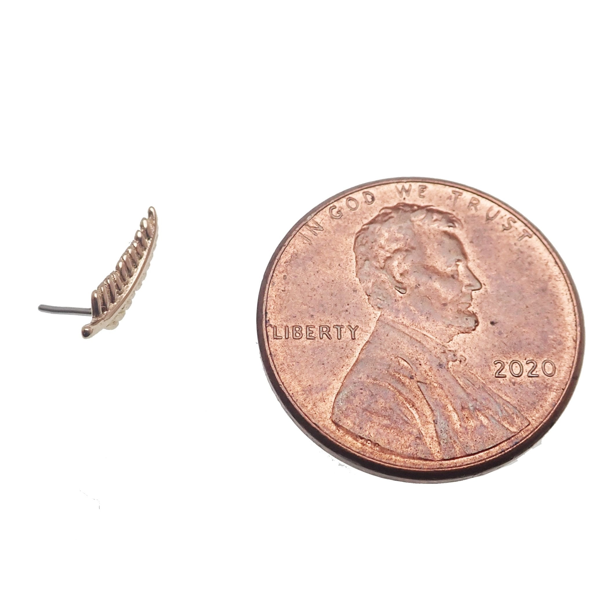 Feather 14k gold body jewelry with titanium flatback in 20g, 18g, 16g, and 14g gauges, by Body Clickers.
