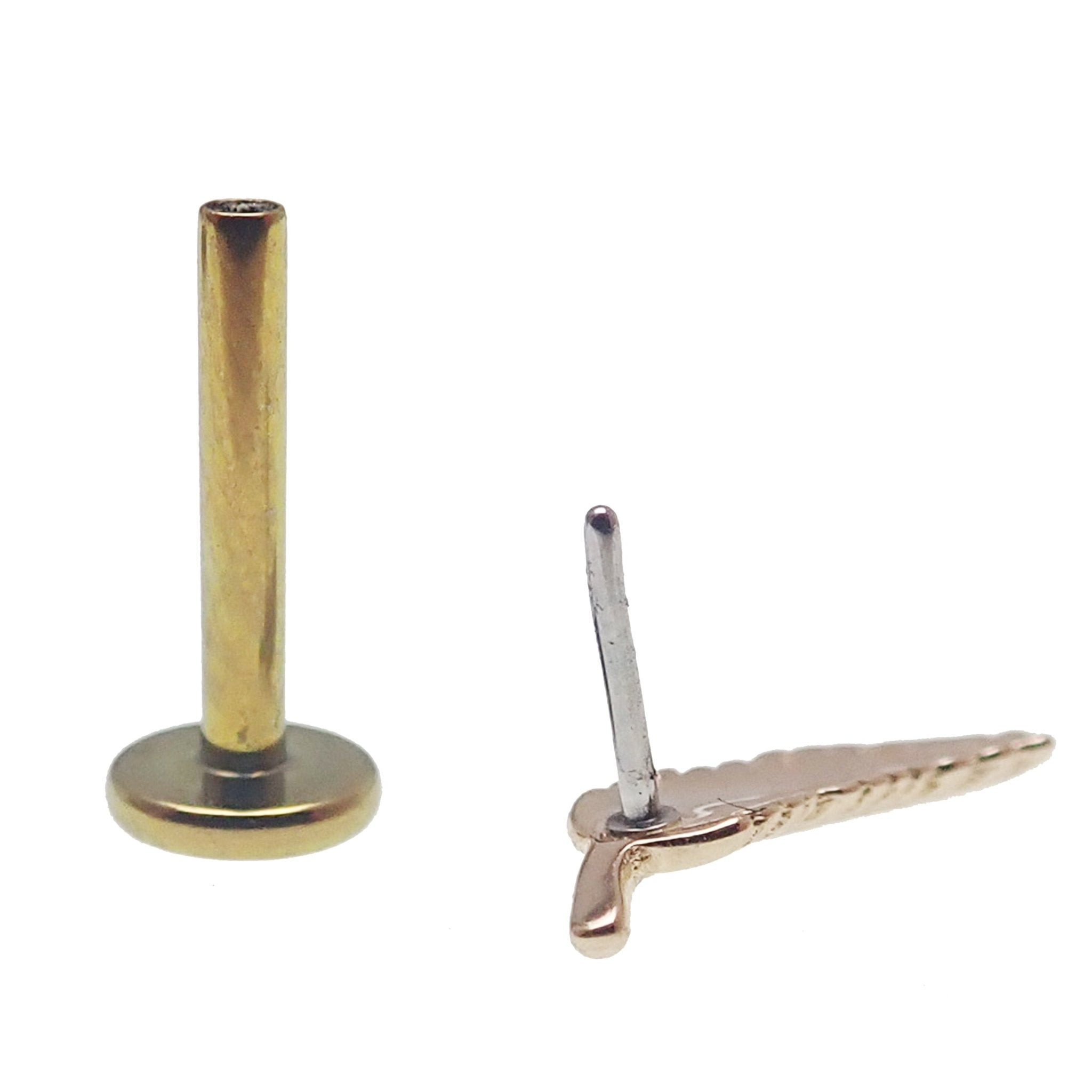 Feather 14k gold body jewelry with titanium flatback in 14g, 16g, 18g, and 20g gauges, by Body Clickers.